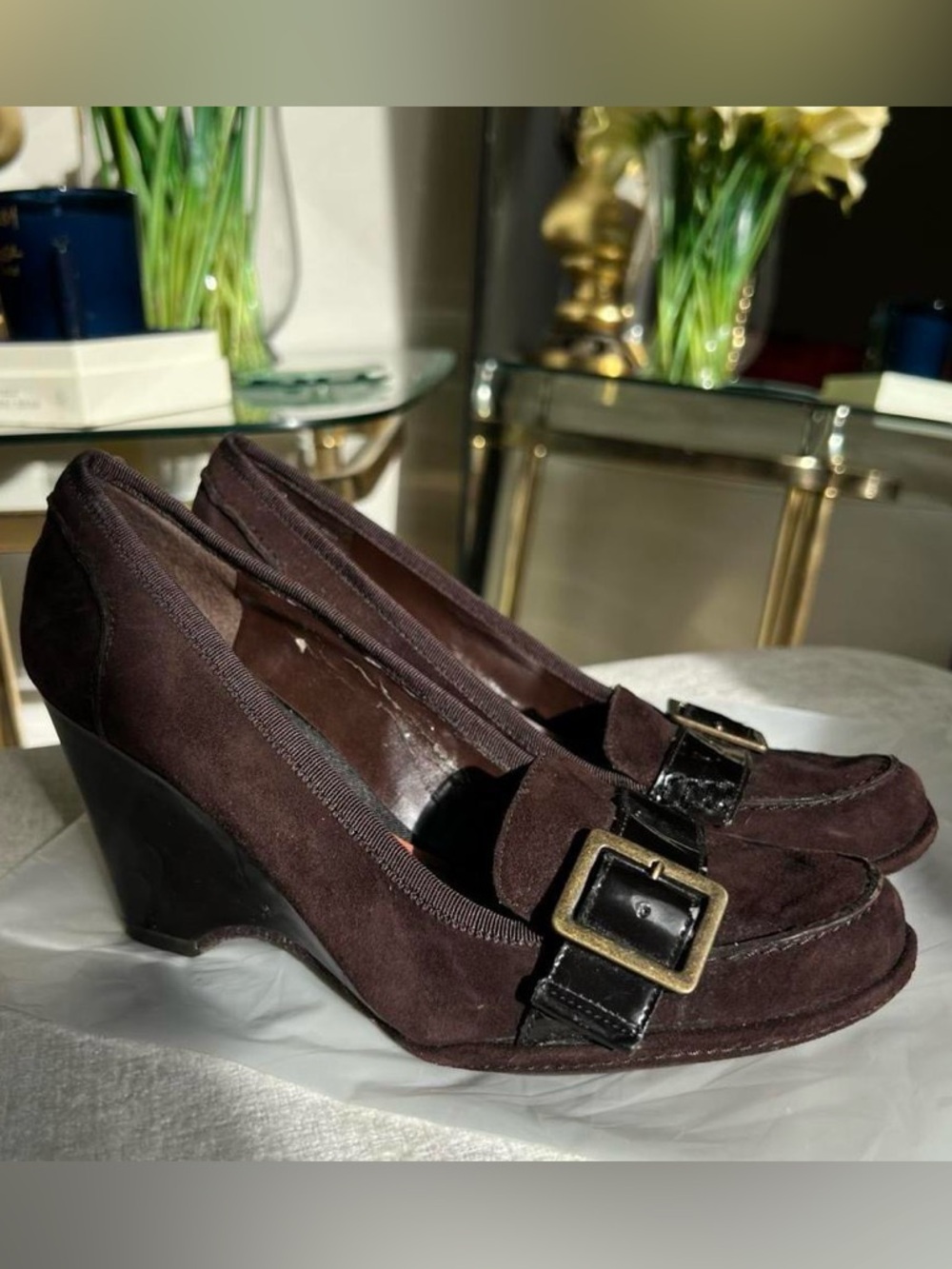 Classic Brown Suede Wedge Loafers with Buckle Accent